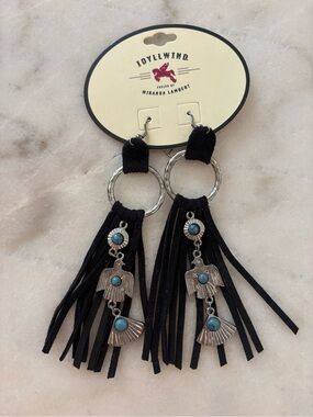 Idyllwind Black Suede Fringe Earrings with Turquoise Accents